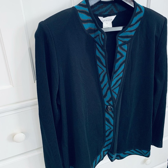 Exclusively Mistook Black Cardigan with Teal Animal Print Border XL - Picture 1 of 9